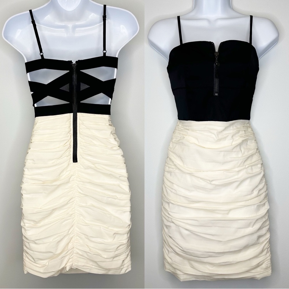 Alice + Olivia Black & Cream Ruched Criss Cross Cut Out Mini Dress Women’s 2